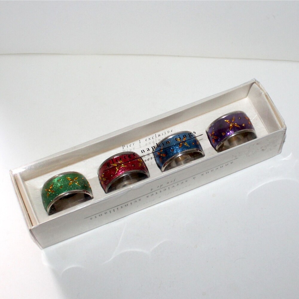 Pier 1 4 Napkin Ring Set glitter metal NEW table decor Boho star